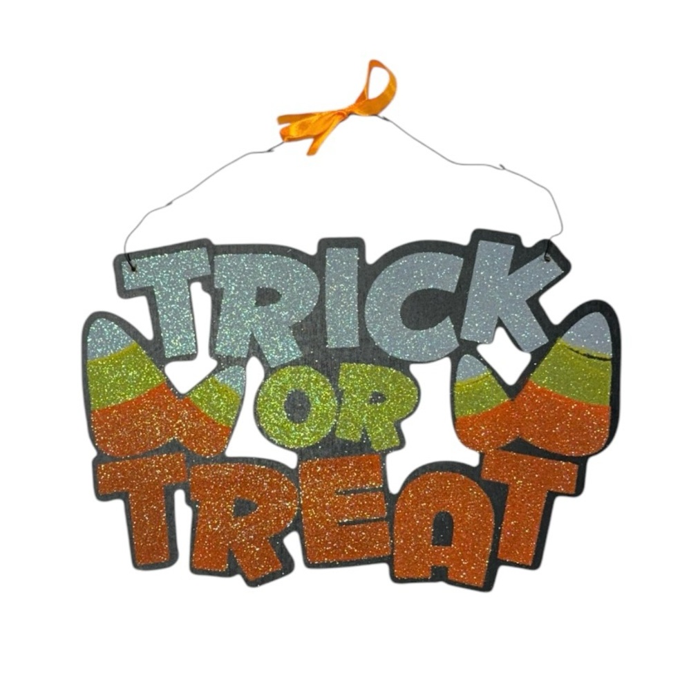 Trick or treat glittery sparkly hanging holiday sign in perfect condition decor